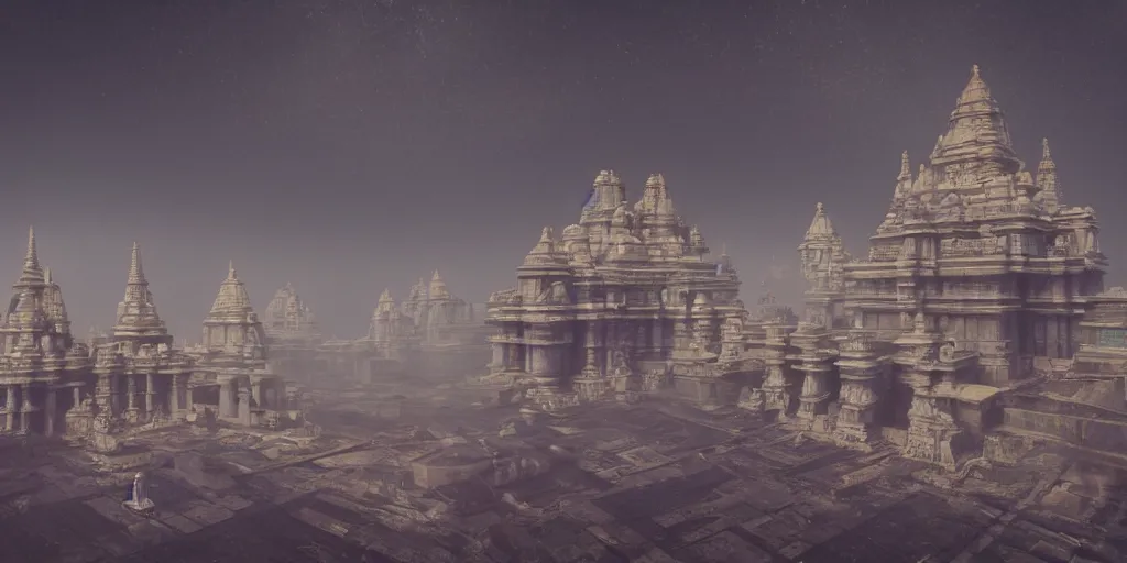 Prompt: futuristic sci fi cult temple made out of hindu temples flying in sky, foggy sky, around photorealism, unreal engine, 8 k, volumetric lighting, beeple style