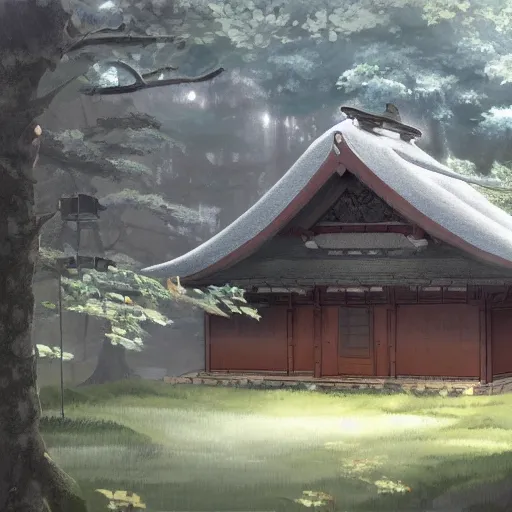 Image similar to concept art painting of a japanese english cottage in the deep woods, cozy, realistic, detailed, cel shaded, in the style of makoto shinkai and greg rutkowski and james gurney