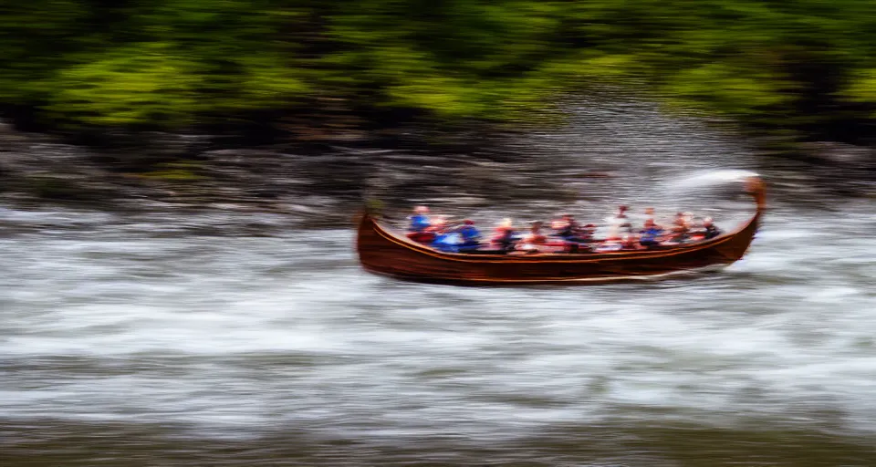 Prompt: a highspeed viking ship sailing down a river, f / 2. 8, motion blur