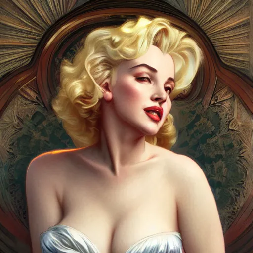 Image similar to portrait of marilyn monroe, intricate, elegant, highly detailed, digital painting, artstation, concept art, smooth, sharp focus, illustration, art by artgerm and greg rutkowski and alphonse mucha and william - adolphe bouguereau