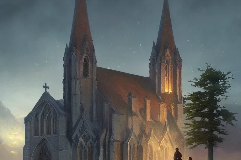 Prompt: a beautiful picture of church, two people, by greg rutkowski and thomas kinkade, trending on artstation