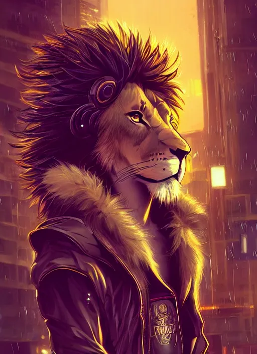 Image similar to award winning beautiful portrait commission of a male furry anthro lion fursona with a tail and a cute beautiful attractive detailed furry face wearing stylish black and gold cyberpunk clothes in a cyberpunk city at night while it rains. Character design by charlie bowater, ross tran, artgerm, and makoto shinkai, detailed, inked, western comic book art