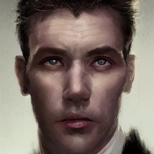 Image similar to Portrait of a man by Greg Rutkowski, he is about 40 years old, mixture between russian and irish, coiffed brown hair, attractive, bright purple eyes, extremely pale white skin, smart looking, he is wearing a black futuristic lawyer outfit, highly detailed portrait, scifi, digital painting, artstation, concept art, smooth, sharp foccus ilustration, Artstation HQ