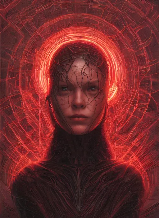 Image similar to Portrait Masterpiece, Wanda Maximoff, furious, red, glowing, wires everywhere, by Edgar Maxence and Ross Tran, Zdzisław Beksiński, and Michael Whelan, distant, gustav dore, H.R. Giger, 8k, octane render