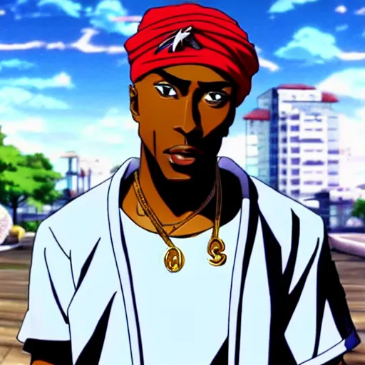 Image similar to Tupac Shakur, screenshot from a 2012s anime, anime