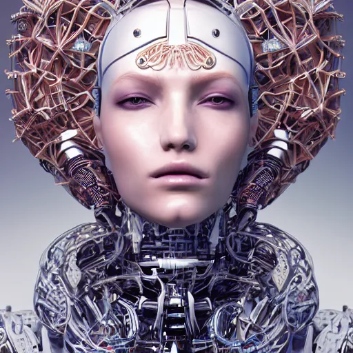 Image similar to portrait of an absurdly beautiful, graceful, sophisticated, fashionable cyberpunk mechanoid, hyperdetailed illustration by irakli nadar and alexandre ferra, intricate linework, white porcelain skin, faberge, coral headdress, unreal engine 5 highly rendered, global illumination, radiant light, detailed and intricate environment,