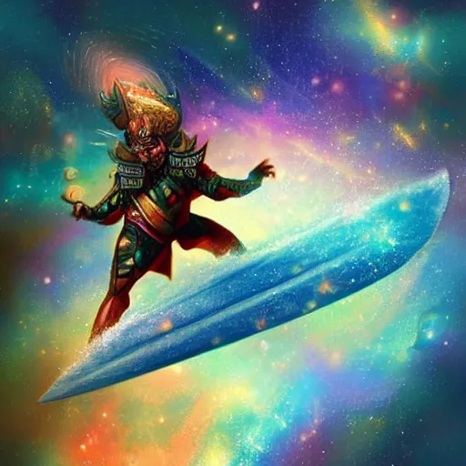 Prompt: armored sorcerer surfing on a nebula, rich epic dynamic artwork