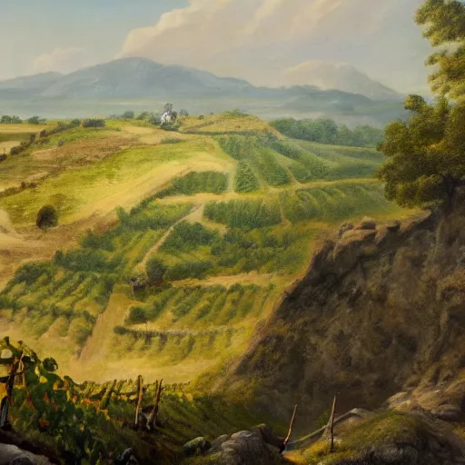 Prompt: highly detailed painting of a cliff side, at the bottom is a vineyard, in the distance you can see an ancient army with flags on the move, thick brush strokes, visible paint layers.