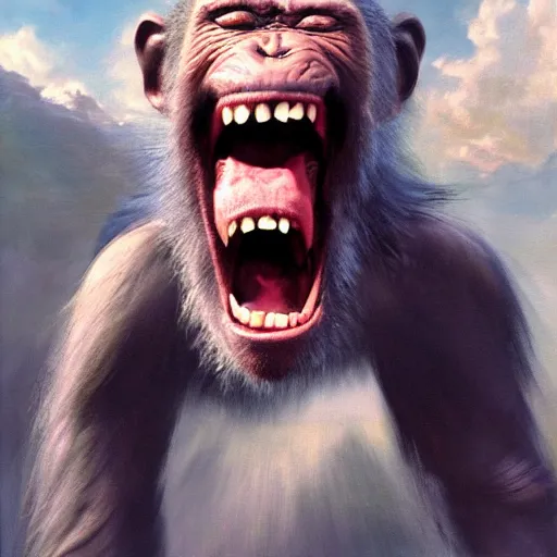 Image similar to Strong Angry Chimpanzee Screaming, Boris Vallejo, Epic, 8k resolution, ArtStation, Hyperrealistic