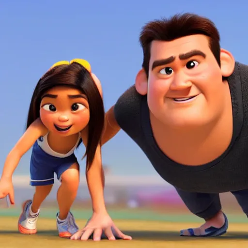 Image similar to young beautiful athletic Filipino woman with long hair and a handsome caucasian athletic man with buzzed hair, high widows peak, 5 o'clock shadow, both depicted as Pixar characters, high quality cg render