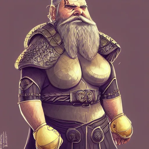 Prompt: elderly female feminine bearded dwarven heavyset fighter with curly long grey hairstyle, her full beard is long and plaited, she has wrinkled skin and is wearing full black platemail armor with intricate slight gold trim by rossdraws