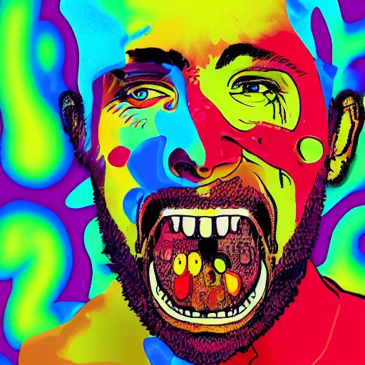 Image similar to man with a tab of acid on his tounge, digital art by mad dog jones