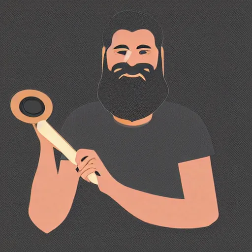 Prompt: bearded man turns bowl on lathe, vector art, simple, clean