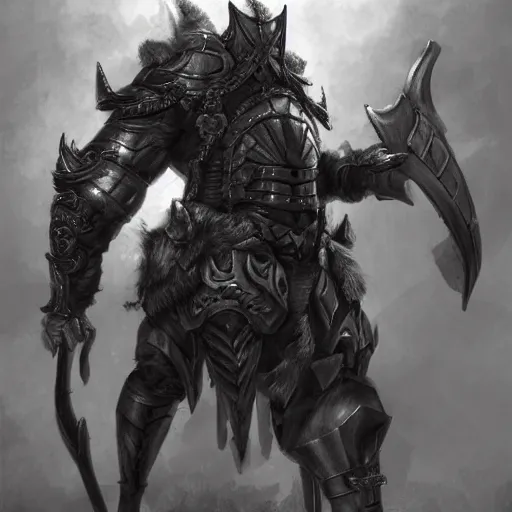 Image similar to a triumphant Minotaur in plate armor with black fur, fantasy concept art, high detail