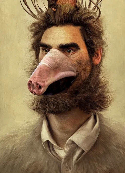 Image similar to a hyper detailed painting of an anthropomorphic joaquin phoenix as the king of animals, cow horns, pig nose, sheep wool, chicken feathers, horror, by anna podedworna, by miklos ligeti, by diego maricato, by taran fiddler, by antonino truisi, by chris reddie, on artstation