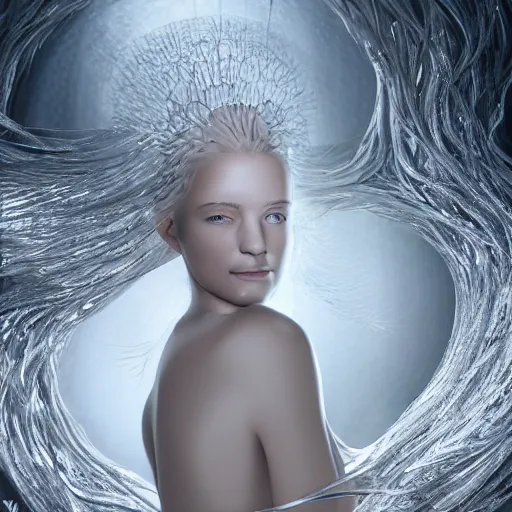 Prompt: Art by Andrew Chiampo and Frederik Heyman, a highly detailed digital art rendering and concept design of a breathtaking young ethereal woman elegantly positioned and entwined in genuine silver liquid. Fantasy, hyperrealism, 4k, volumetric lighting, three dimensions, a digitally altered world, user interface design, 3D modeling, illustration, and transportation design.