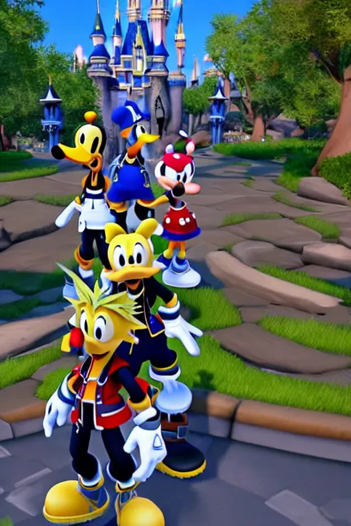 Prompt: screenshot of kingdom hearts 3, Disney and final fantasy crossover, donald duck and goofy npc characters, Kingdom hearts styled gameplay, unreal engine 4, kingdom hearts 3, kingdom hearts, cartoony lighting, disneyworld at kingdom hearts, Disney inspired setting with Sora and Donald in the scene, image of an action adventure rpg, magical fantasy l, artstationHD, stunning pixar graphics, rtx on, sharp focus, sors holding the kingdom key keyblade, detailed