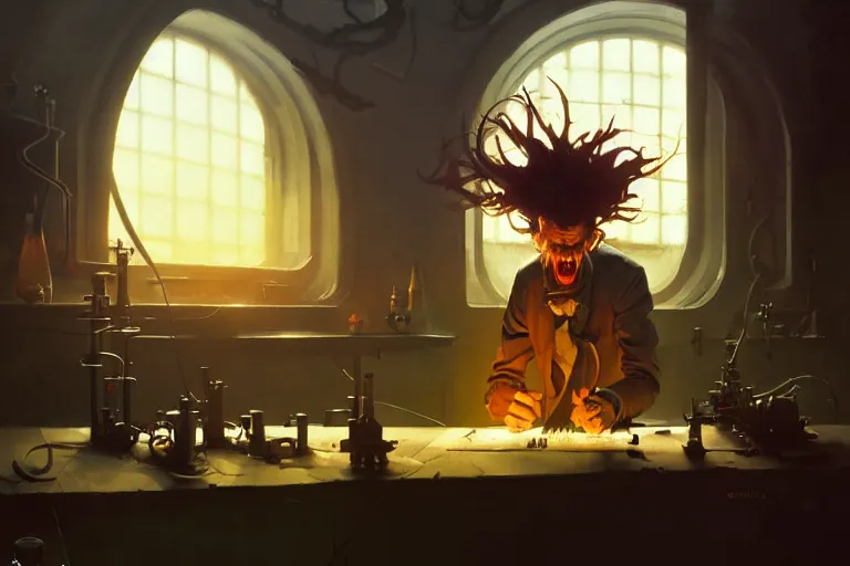 Image similar to mad scientist by otto dix and greg rutkowski and andreas rocha, cinematic lighting, highly detailed, warm colours, 4 k