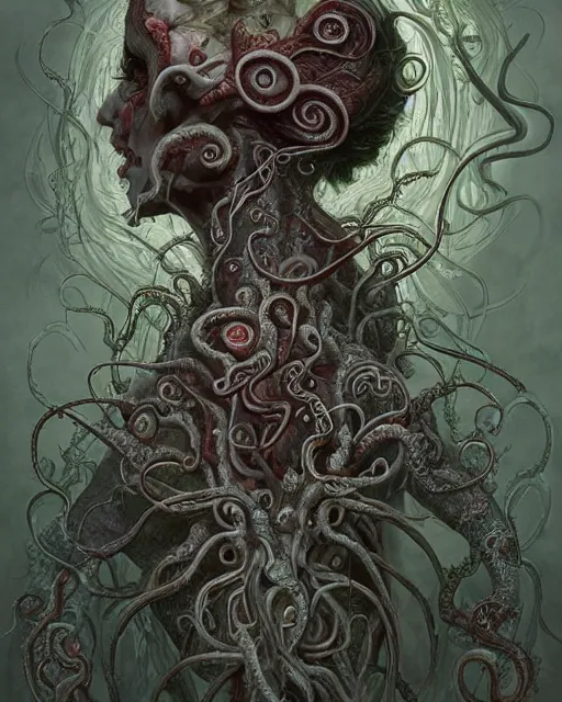 Prompt: centered beautiful detailed side view profile portrait of a insane, crazed, mad vampire old woman, ornate bleeding tentacles growing around, ornamentation, thorns, vines, tentacles, elegant, beautifully soft lit, full frame, by wayne barlowe, peter mohrbacher, kelly mckernan, h r giger