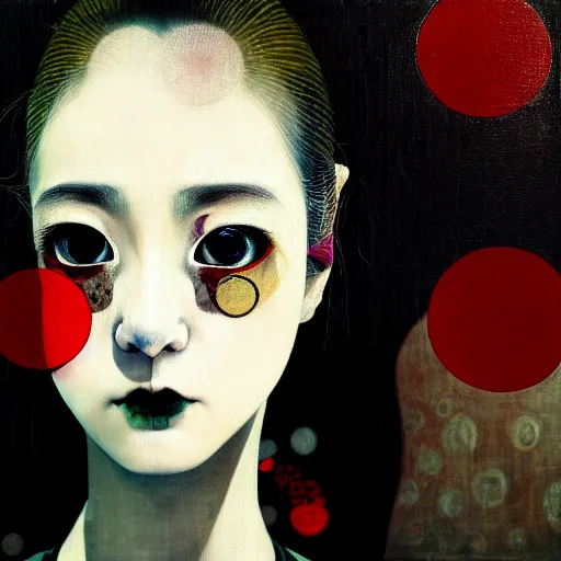 Image similar to yoshitaka amano blurred and dreamy realistic three quarter angle portrait of a young woman with black lipstick and black eyes wearing dress suit with tie, junji ito abstract patterns in the background, satoshi kon anime, noisy film grain effect, highly detailed, renaissance oil painting, weird portrait angle, blurred lost edges