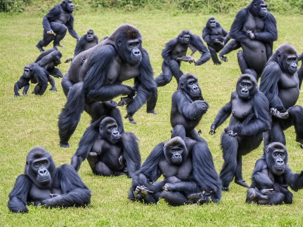 Image similar to gorillas playing a soccer game, vivid