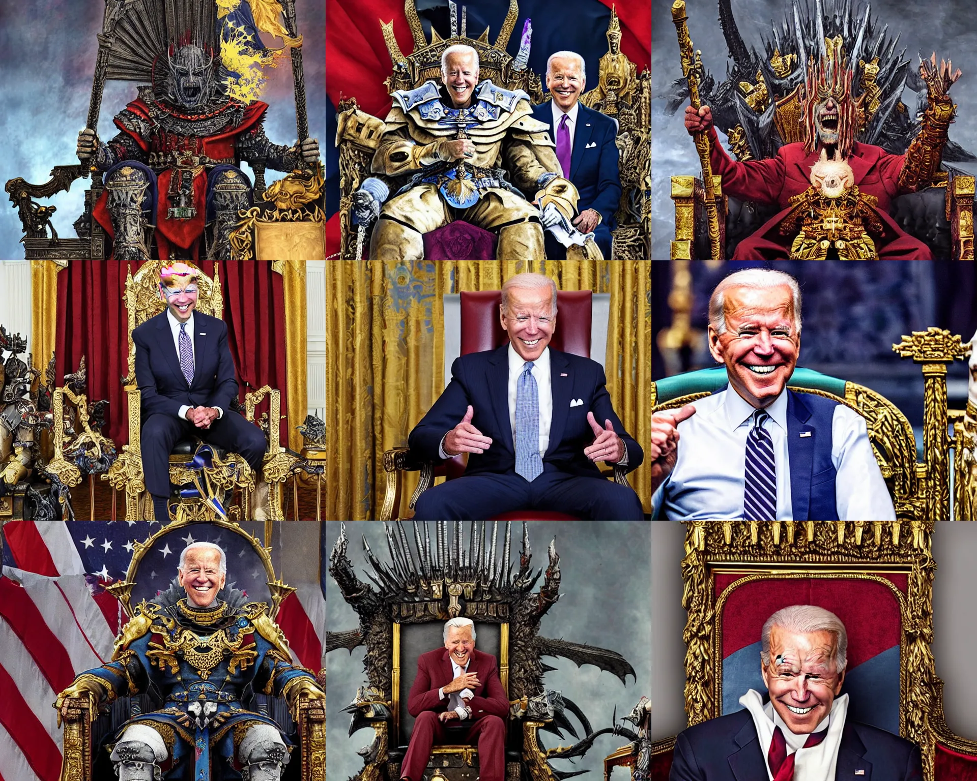 Prompt: Joe Biden with a wide grin sitting atop a throne after becoming the emperor of mankind, evil, chaos, ornate, horror, detailed, bloodborne, colorful