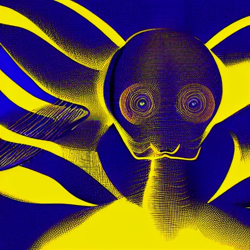 Image similar to human man that resembles a wasp morh in surreal sketch style, blue and yellow gradient, noise, ultrafine detail, hd 8k, logo illustration