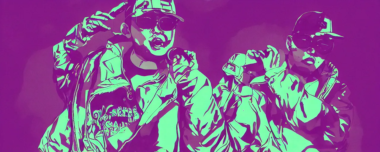 Image similar to Asian rapper holds microphone straight out, digital art, vapor wave, hip hop, psychedelic, surreal, trending on Artstation, professional artist, detailed, 4k