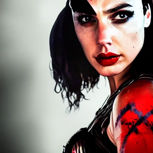 Prompt: A badass and beautiful photo of Gal Gadot as Harley Quinn