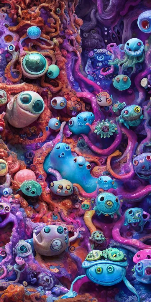 Image similar to of a colorful deep sea cave with strange cute friendly happy creatures with huge eyes, mouth, long tongue and round teeth appearing from sandy coral, in the style of gehry and gaudi, macro lens, shallow depth of field, ultra detailed, digital painting, trending artstation, concept art, illustration, cinematic lighting, photorealism, epic, octane render