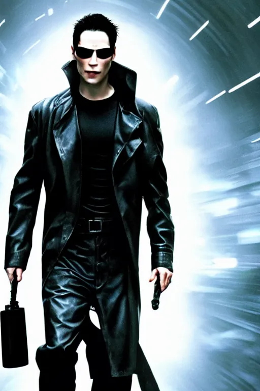 Prompt: a digital photograph of neo in the movie the matrix wearing sun glasses and black leather trench coat, behind him is the machine city, extremely detailed, dark lighting, sharp focus, unreal engine, 8 k