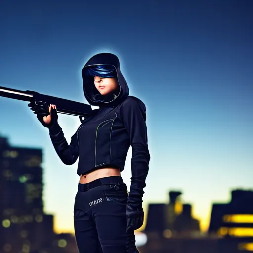 Image similar to photographic portrait of a techwear woman holding a shotgun, closeup, on the rooftop of a futuristic city at night, sigma 85mm f/1.4, 4k, depth of field, high resolution, 4k, 8k, hd, full color