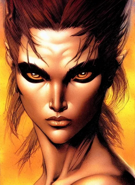 Image similar to face portrait, female from x men, by greg staples, frank frazetta, dorian cleavenger, sharp focus, intricate, summer day, sunlight, soft lighting, detailed