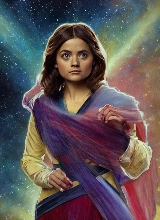 Image similar to jenna coleman as a star trek captain, a still from star trek painted by alphonse mucha. clear highly detailed face, beautiful sci fi art