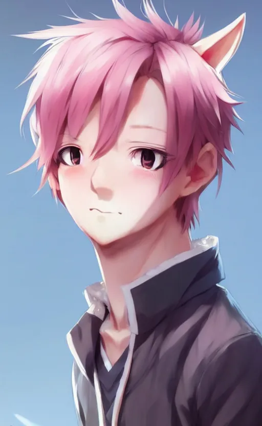 Image similar to character concept art of an cute anime boy with pink hair and wolf ears | | cute - fine - face, pretty face, key visual, realistic shaded perfect face, fine details by stanley artgerm lau, wlop, rossdraws, james jean, andrei riabovitchev, marc simonetti, and sakimichan, tranding on artstation