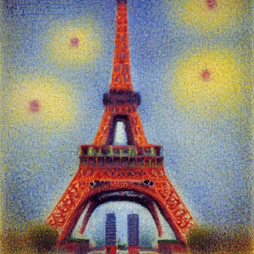 Image similar to eiffel tower building in paris, happy athmosphere, joy, impressionism, by georges seurat,