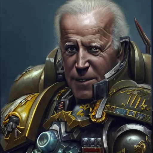 Prompt: Joe Biden as a space marine Primarch, warhammer 40k, closeup character portrait art by Donato Giancola, Craig Mullins, digital art, trending on artstation