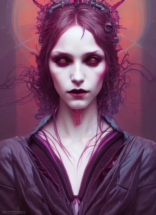 Prompt: perfect vampire girl portrait, intricate artwork by josan gonzalez, artgerm, tom bagshaw, kilian eng, alphonse mucha, zdizslaw beksinski, very coherent artwork, psychedelic, syntwave, noir gothic cyberpunk, octane render, unreal engine, 8 k, high contrast