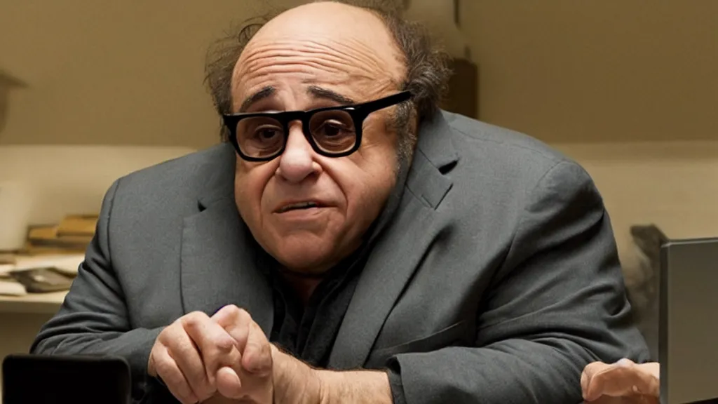 Image similar to danny devito bleary eyed at a computer, film still from the movie directed by Denis Villeneuve