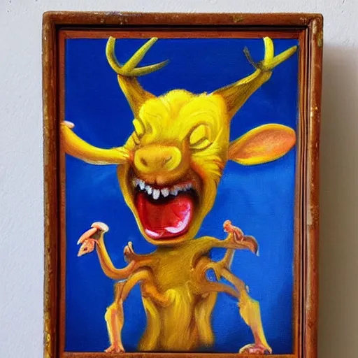 Prompt: oil painting, ancient antler deity, yellow rat pig, holding, laughing, bright room