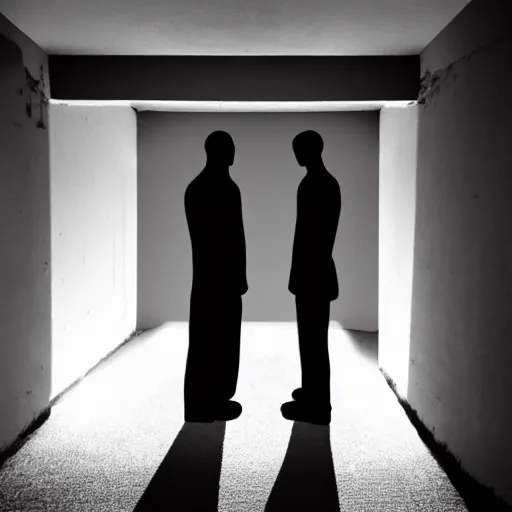 Image similar to two shadows talking to each other in a dark abandoned room, eerie, creepy,