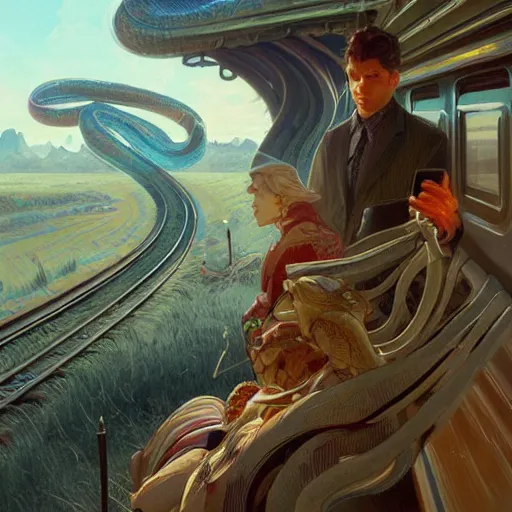 Image similar to snakes on a train, highly detailed, digital painting, artstation, concept art, smooth, sharp focus, illustration, art by artgerm and greg rutkowski and alphonse mucha