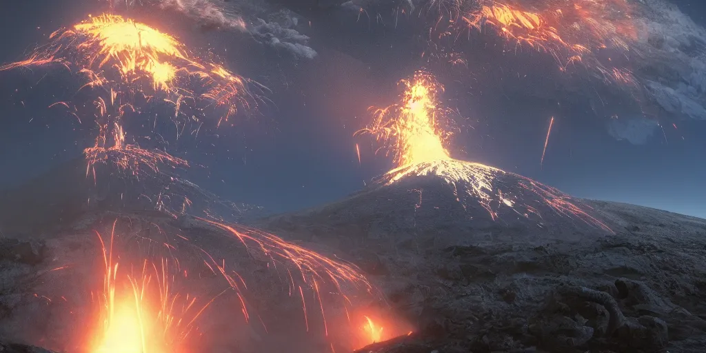 Prompt: volcano sputtering by john harris, craig mullins. ultra clear detailed. octane render. 8 k render artstation