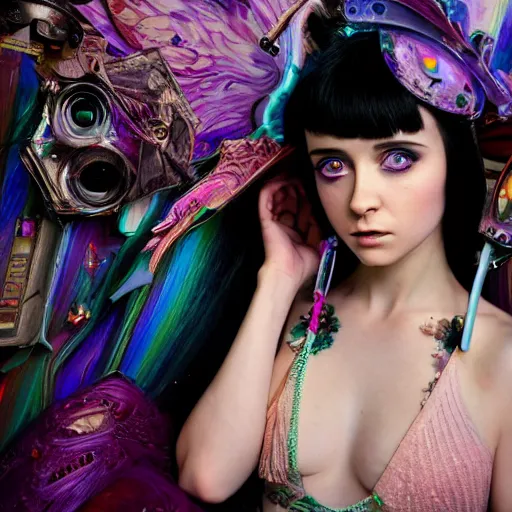 Prompt: Ethereal, mysterious stunning maximalist mesmerizing cyberpunk girl named Alessandra Torresani from the rainbow sky paradise, high-tech, professional high fashion model photo shoot, hyperdetailed by Mark Ryden and artgerm and Hiroyuki-Mitsume Takahashi, 35mm macro shot, hyperrealism, 8k resolution 3D