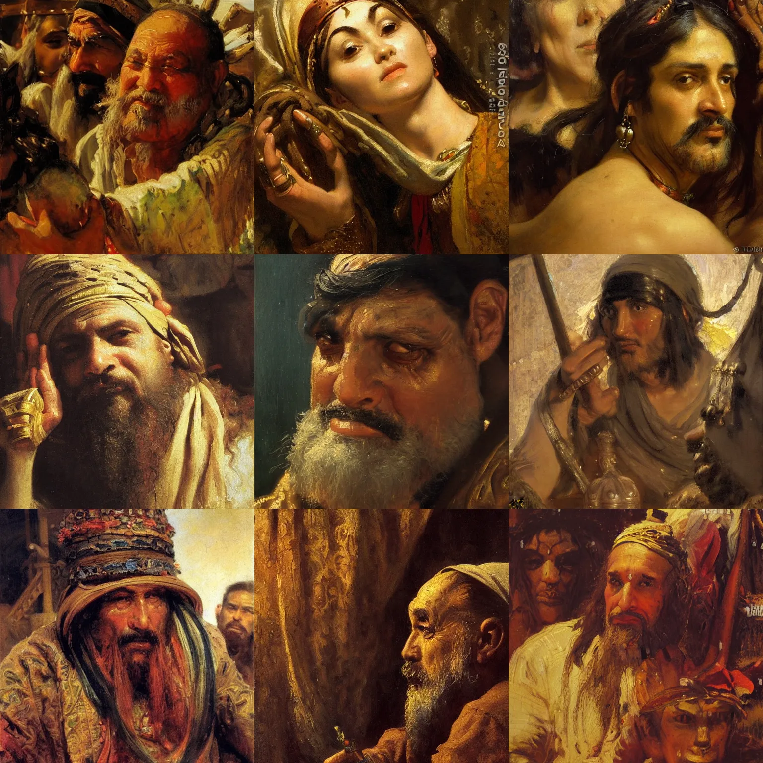 Prompt: orientalism painting of a suspicious alchemist face detail by theodore ralli and nasreddine dinet and anders zorn and nikolay makovsky and edwin longsden long, bronze age, sword and sorcery, oil on canvas, masterful intricate artwork, excellent lighting, high detail 8 k