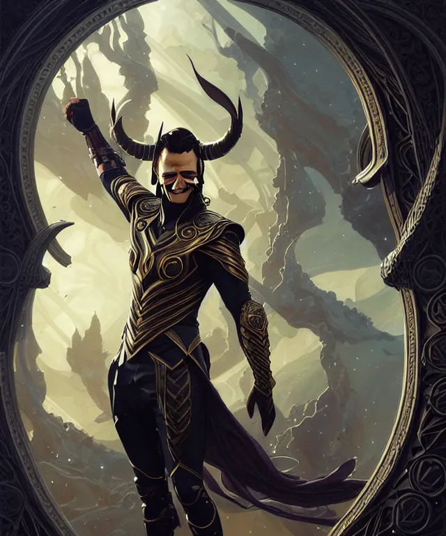 Image similar to Loki in armor, art nouveau, fantasy, intricate science designs, elegant, highly detailed, sharp focus, art by Artgerm and Greg Rutkowski and WLOP