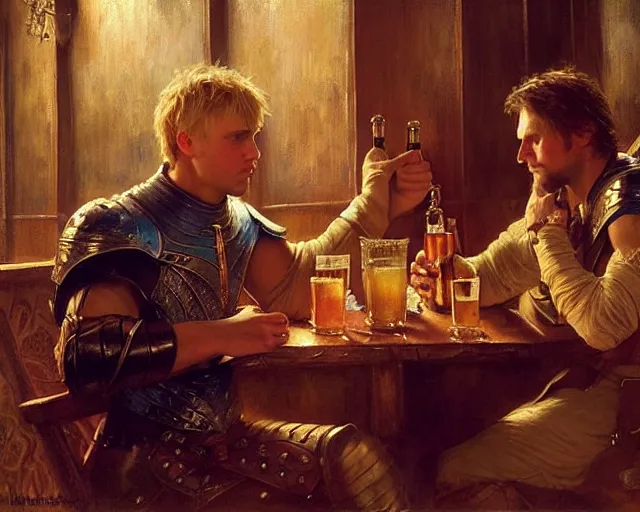 Image similar to attractive arthur pendragon and attractive lancelot go to a pub together to have some drinks. highly detailed painting by gaston bussiere, craig mullins, j. c. leyendecker 8 k