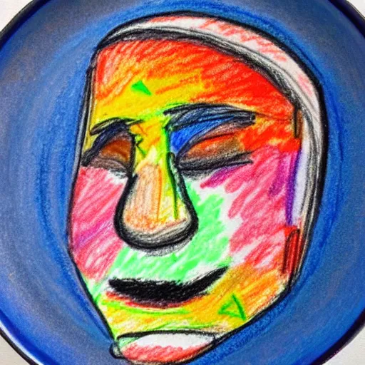 Image similar to a colorful crayon drawing of a face on a paper plate