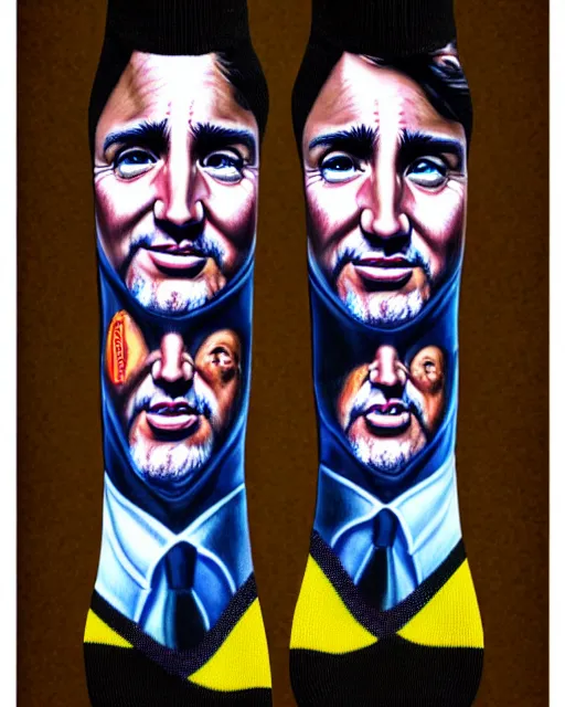 Image similar to detailed portrait of justin trudeau patterned socks!!! by tomasz alen kopera and peter mohrbacher and johanna martine! and margaret keane! coherent luminescent