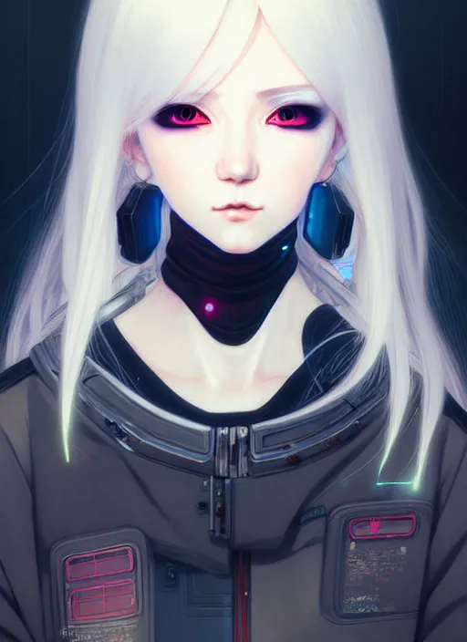 Image similar to portrait Anime girl cyberpunk, cute-fine-face, white-hair pretty face, realistic shaded Perfect face, fine details. Anime, cyberpunk. realistic shaded lighting by Ilya Kuvshinov and Gustav Klimt